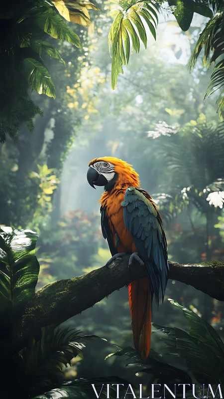 Golden macaw poised on mossy branch in misty rainforest.