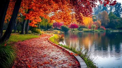 Autumn lake path curves through vivid red and gold foliage.