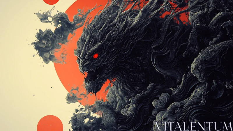 Demonic smoke beast coils before a blazing red sun.