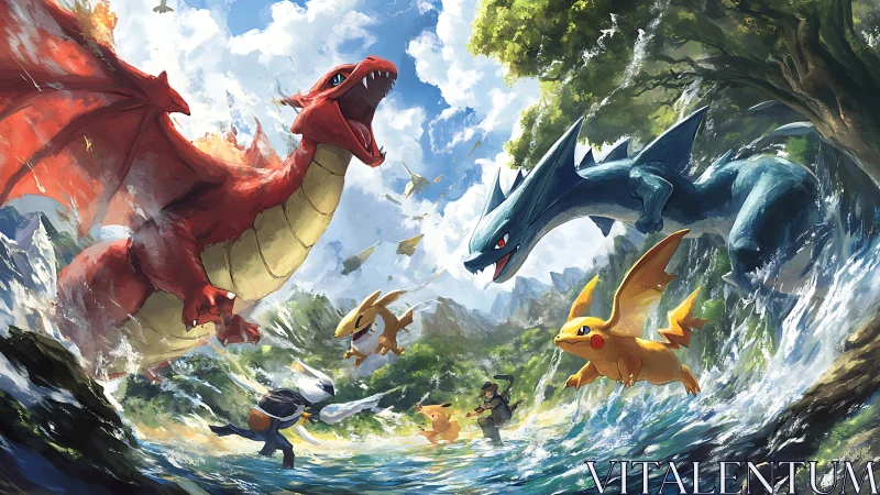 Epic elemental creatures clash above storm-swept river gorge.