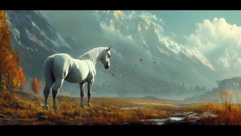 White stallion in glacial valley under cinematic volumetric light.