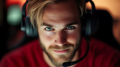 Focused gamer wears headset under warm studio lighting.
