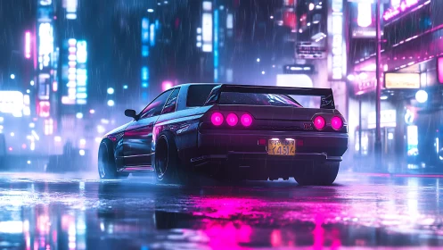 Cyberpunk night racer in neon-soaked rainy streetscape composition.