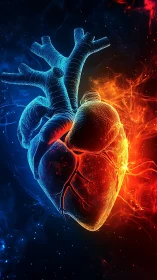 Bicolor anatomical heart rendered in contrasting thermal tones.