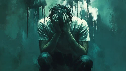 Solitary crouched figure in teal abstract emotional space