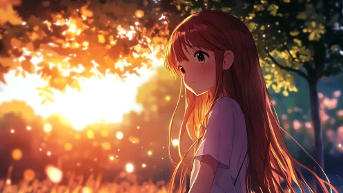 Backlit anime girl rendered in warm bokeh sunset illumination