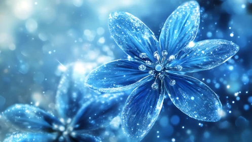 Crystalline Blue Flower with Diamond-Studded Petals in Luminous Bokeh.
