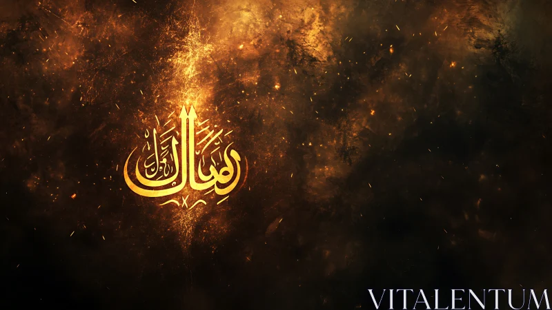 Golden Arabic calligraphy glows in a fiery cosmic haze.