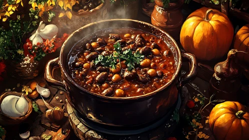 Harvest cauldron stew simmering in glowing autumn warmth.