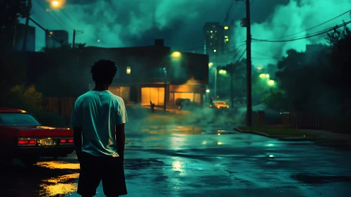 Neon-soaked urban nightscape with solitary street figure, cinematic framing.