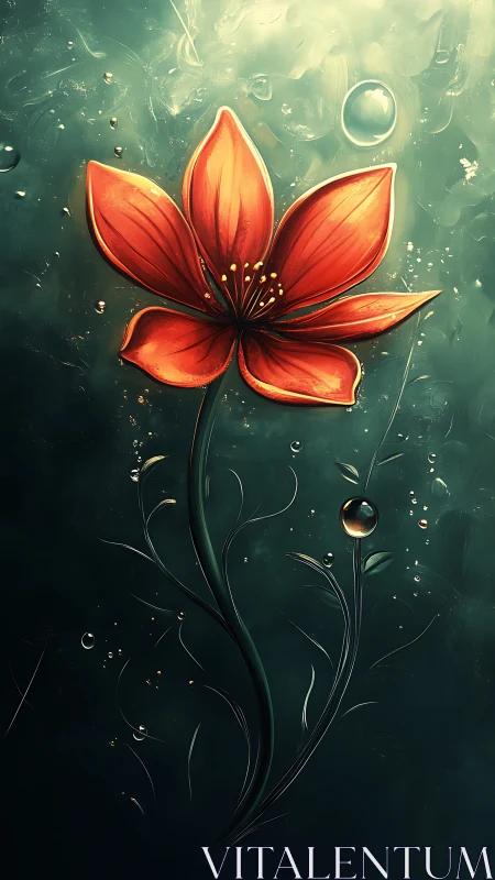 Luminous red flower drifts in a tranquil teal underwater glow