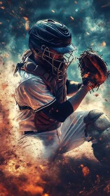 Fiery baseball catcher dives through sparks in bold motion