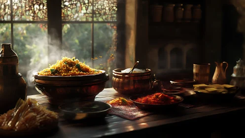 Warm kitchen feast with fragrant rice in golden evening light.