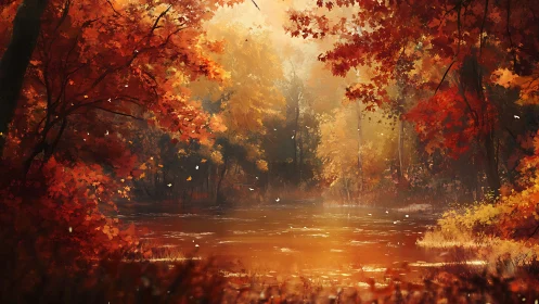 Autumn River Canopy: Golden Light Through Crimson Leaves.