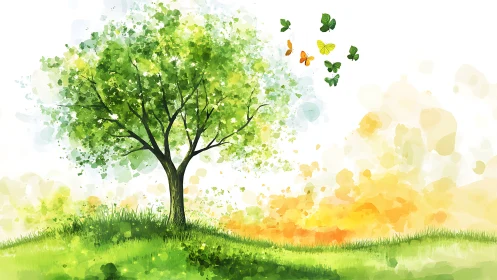 Spring tree anchors sunlit meadow with drifting butterflies