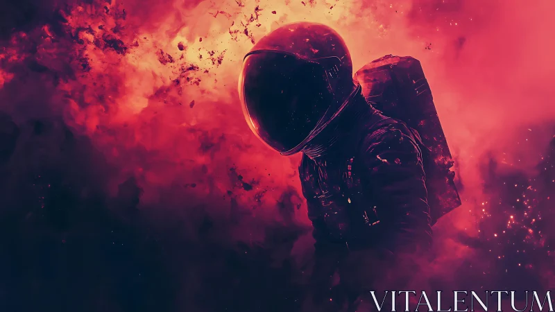 Lone space traveler glows softly in a storm of cosmic fire