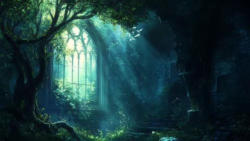 Overgrown gothic window in dim forest interior ruin.