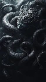 Serpentine tendrils envelop a stone visage in high contrast monochrome