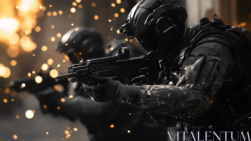 Heavily armed soldiers advance through sparks in combat