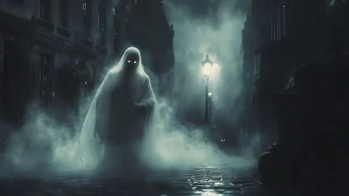 Mysterious ghost drifts through a foggy moonlit city street