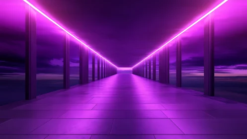 Purple neon corridor with reflective tiled floor at dusk.