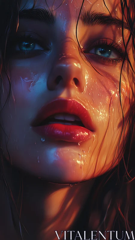 Luminous wet portrait bathed in blue and ember light.