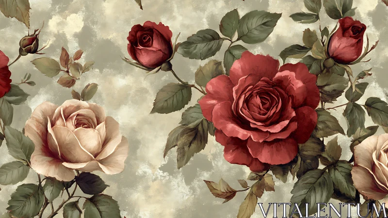 Vintage Botanical Rose Composition with Cream and Crimson Blooms.