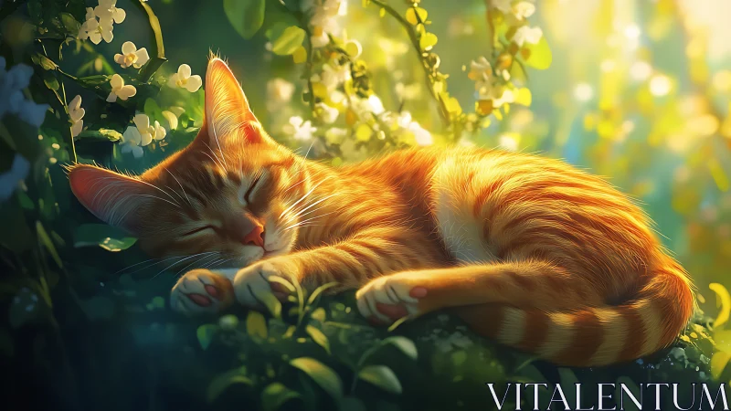 Orange Tabby Napping in a Sun-Drenched Garden.