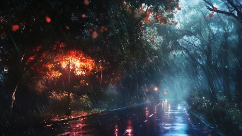 Street scene shows wet roadway, trees and lamppost lighting