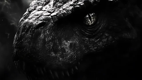 Monochrome close-up of textured dinosaur head in shadow