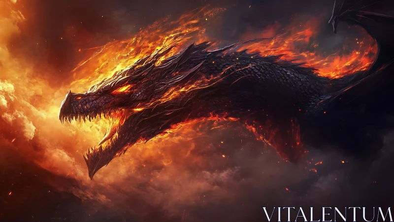 Inferno-crowned dragon roars through stormlit emberscape.