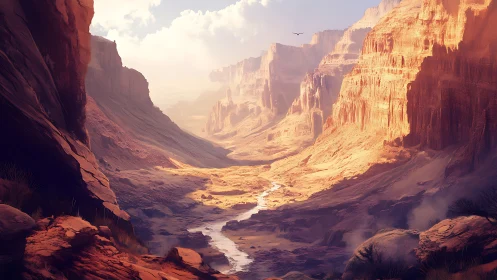Digital rendering depicts eroded canyon valley with riverbed