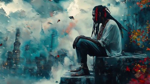 Solitary figure over atmospheric ruins in chromatic turbulence.