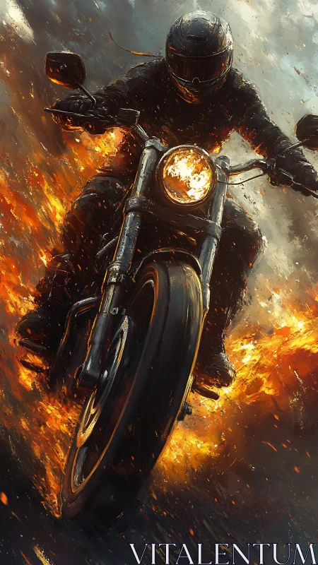 Motorcyclist drives through dynamic fire plume with motion blur
