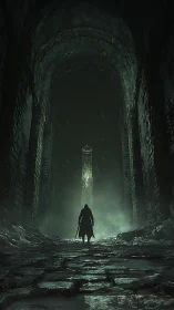 Solitary warrior framed in misty gothic stone corridor.