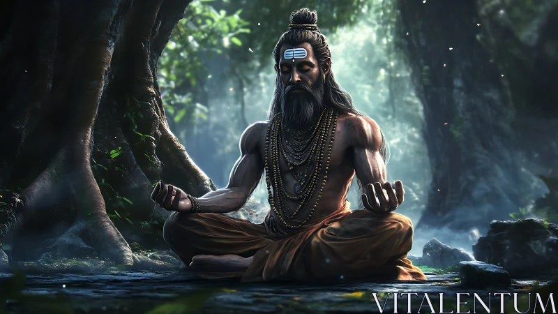 Meditating sage finds luminous stillness in an ancient forest