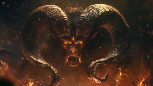 Horned demonic creature emerging from fire in darkness.