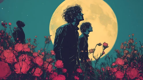 Moonlit wanderers emerging through crimson wildflower field.
