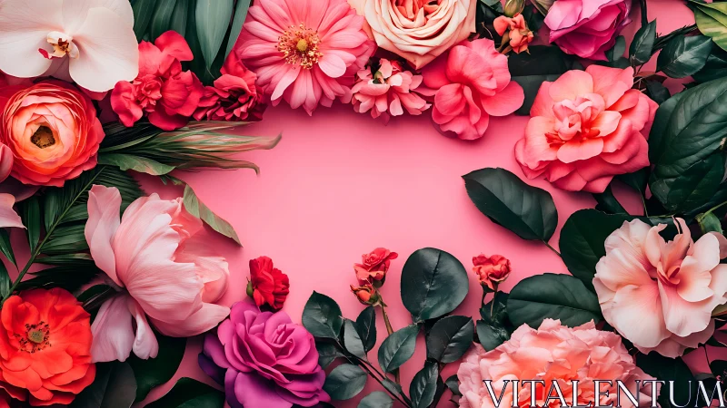 Floral Arrangement on Pink Background with Roses and Greenery