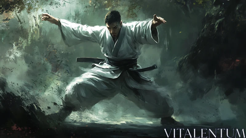 Martial artist in low stance rendered with dynamic brushwork