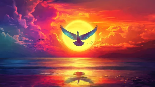 Radiant dove ascending before luminous ocean sunset.