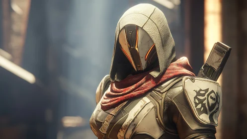 Hooded sci fi guardian resting in warm urban light.