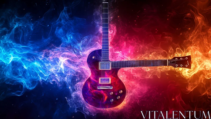 Electric guitar blazes between blue ice and red fire smoke
