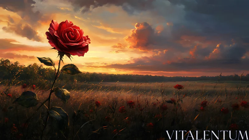Solitary crimson rose rising over luminous sunset field.