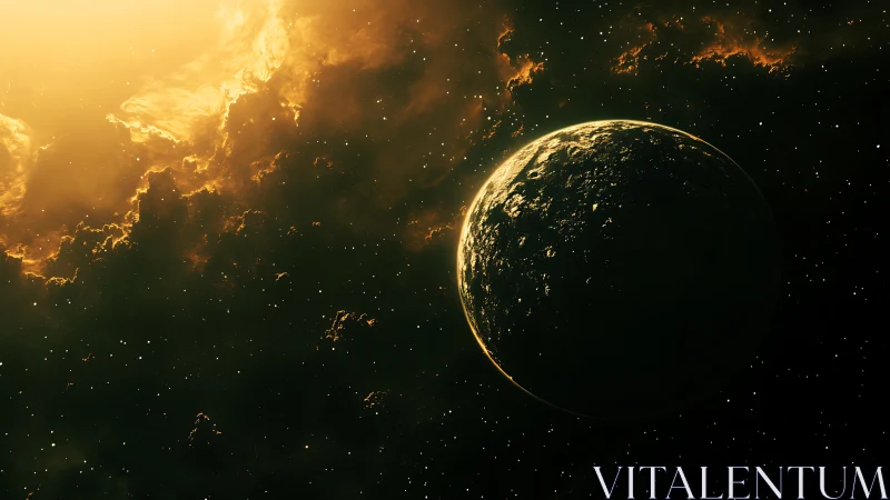 Burnished exoplanet drifting beneath a molten starfield.