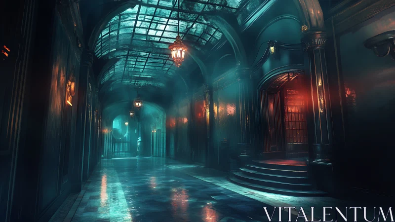 Moody glass-roof corridor with teal light and red door.