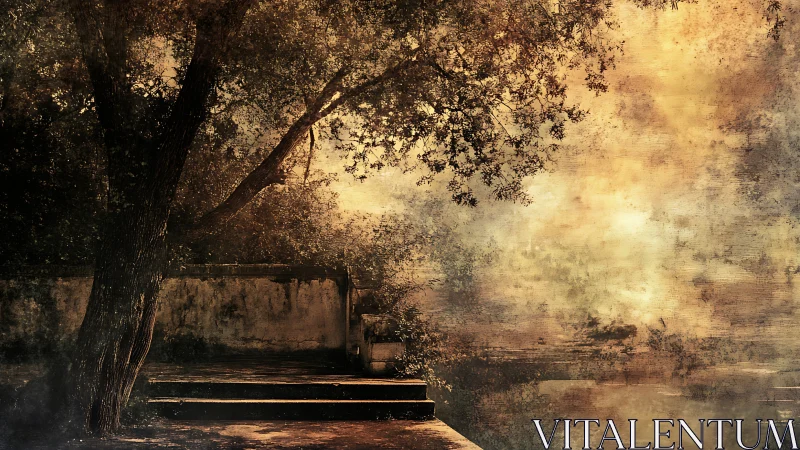 Sepia twilight terrace where time lingers in painted haze.