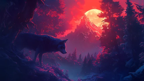 Wolf stands in glowing forest before red moonlit mountain