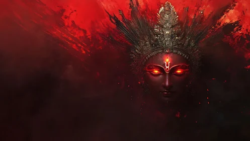 Digital painting of fiery divine mask with infernal symmetry.