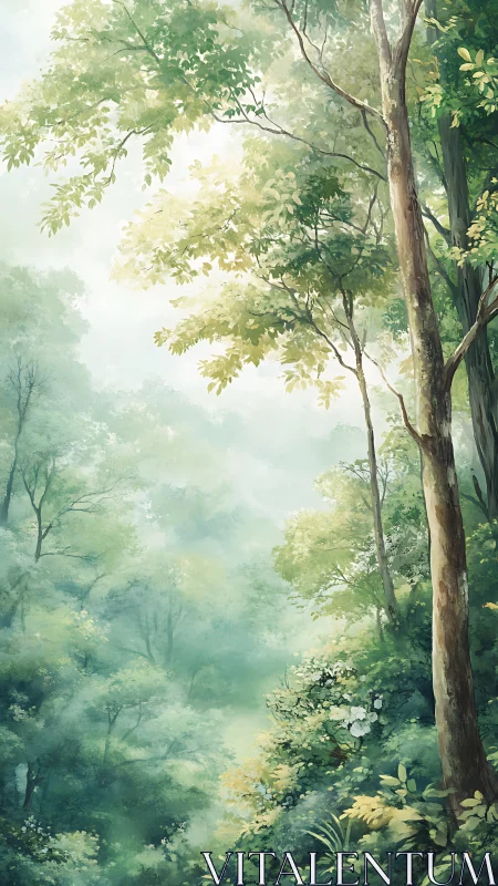 Misty Forest Canopy with Tall Trees.